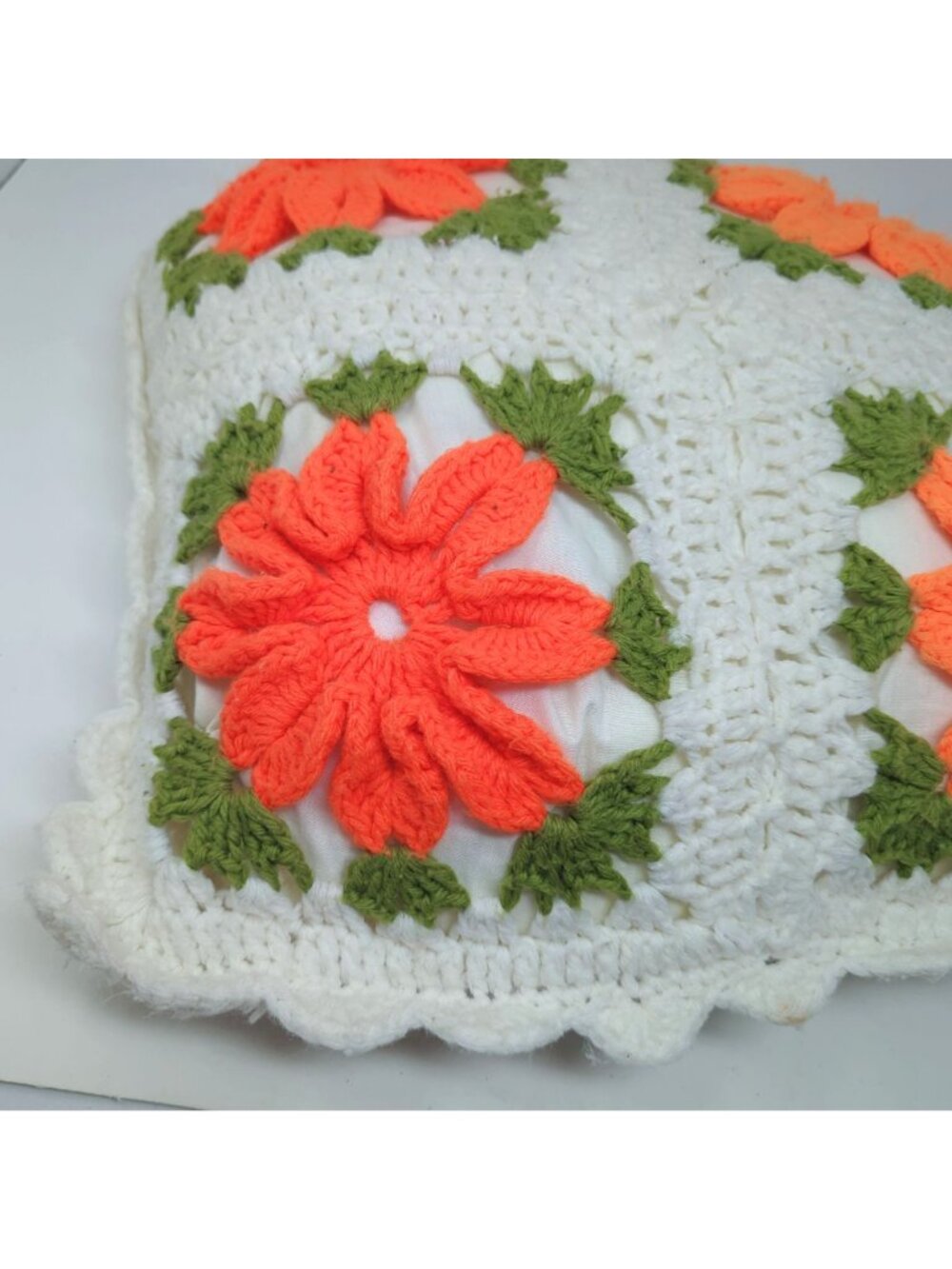 Crochet Pillow Square White Cottagecore Floral Hand - Picture 3 of 6